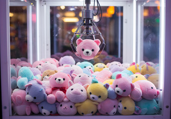 Pastel Plush Toys in a Claw Machine: A Colorful Array of Cute Stuffed Animals Awaits