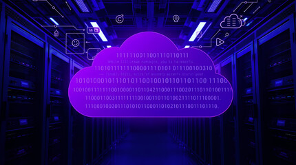 Cloud Computing Infrastructure with Binary Code Streams in High-Tech Server Environment – Futuristic Data Storage Concept, Generative Ai