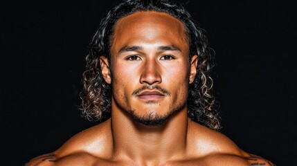 Obraz premium Intense Portrait of Strong Athletic Male With Long Curly Hair and Defined Muscles