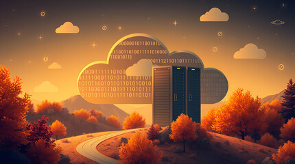 Cloud Computing Infrastructure with Binary Code Streams in High-Tech Server Environment – Futuristic Data Storage Concept, Generative Ai