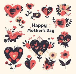 Stylized collection of vintage vector clipart stickers for Mother's Day, with floral themes, love hearts, and retro pastel banners reading “I love you Mom” and “Happy Mother's Day”.