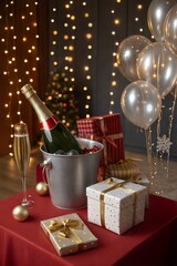 New year celebration setting with champagne, gifts, and festive decorations.