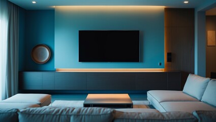 A modern living room interior features a 3d design with a flat screen tv on the wall, a comfortable sofa, and stylish furniture, creating a luxury home theater vibe