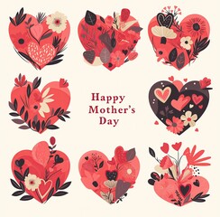 Flat design vector clipart pack of retro-style Mother’s Day elements, featuring hearts, flowers, text labels like “Happy Mother’s Day” and ribbons with “I love you Mom”.