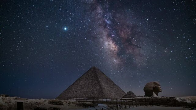 Egypt Pyramid of Khufu and Sphinx Pan R Under Milky Way Galaxy in the Night Sky