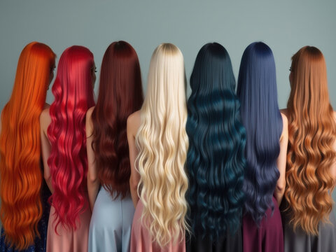 Mujeres de espaldas con cabello largo y liso en diferentes colores y tonos