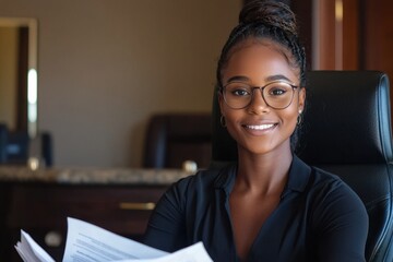 Professional portrait of a personal assistant at a modern desk office environment engaging with documents close-up viewpoint for enhanced workplace aesthetics