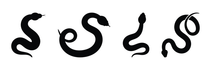 Naklejka premium Black silhouette snake, Vector illustration of a snake icon, venomous snake ideal for use in tattoo designs or aggressive branding.