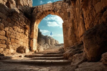 Ancient stone archway leading to a hilltop fortress