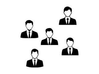 set of six black and white silhouette icons of men in business suits and ties. profile icons, business icons, user icons, avatar icons, men icons, male icons, suit icons, tie icons, black and white ic