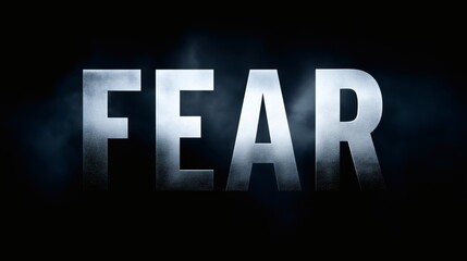 FEAR text with dramatic lighting, Silver metallic letters on dark background, Used in thriller or horror branding visuals