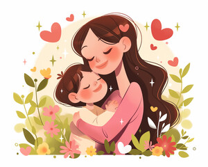 Mother holding child in a soft pastel vector cartoon with hearts and floral motifs, perfect for a Mother’s Day card design with warm parent-child love and emotional bond.