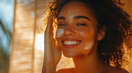 Radiant Beauty: A Woman Applying Sunscreen at Golden Hour