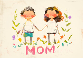Cute mother and son holding hands surrounded by flowers, standing above colorful "MOM" letters. Warm and loving moment celebrating motherhood in a floral atmosphere.