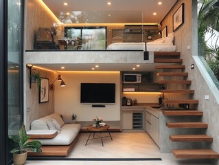 Modern loft apartment, open plan, tropical view