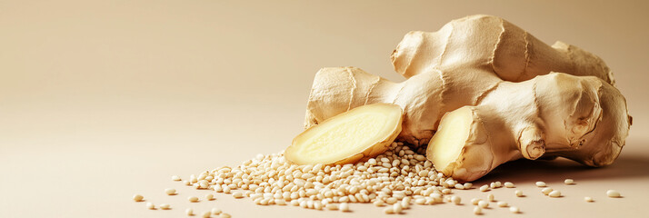 Food composition with a fresh ginger root on a soft beige background with a scattering of sesame seeds in neutral color palette and minimalist style for  food packaging, organic ingredients. 
