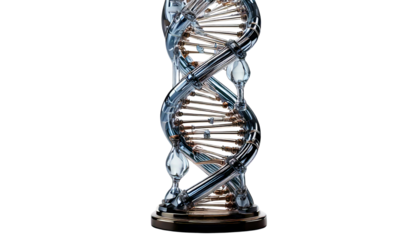 Futuristic Glass and Chrome DNA Helix Sculpture on Minimalist White Background