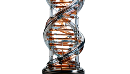 Futuristic Glass and Chrome DNA Helix Sculpture on Minimalist White Background