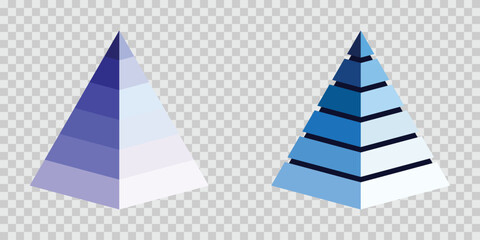 Triangular pyramid charts with clearly segmented colored layers representing development level, priorities or hierarchical structures. Pyramid infographic set, triangle pyramid chart, layered pyramid