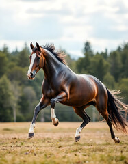 Brown Horse Galloping Across a Green Meadow