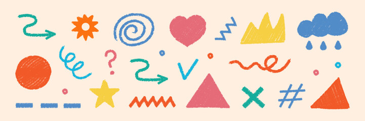A whimsical doodle set with hand-drawn, scribbled crayon shapes. Playful geometric, irregular, and organic forms like hearts, clouds, circles, and textured elements, all in a naive, vector style.
