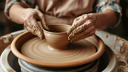 Close-up of hands molding clay bowl on spinning wheel with thick earthy texture and motion blur. Concept of traditional pottery and tactile creation - Powered by Adobe