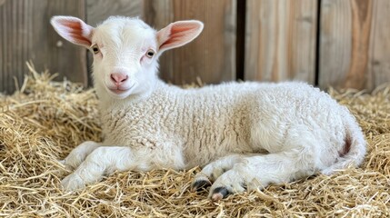 Fototapeta premium Adorable white lamb resting in hay