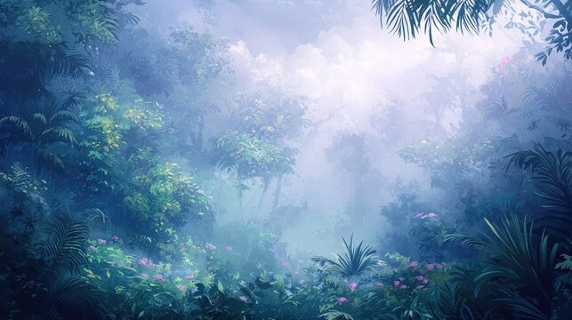 Lush, misty jungle landscape in soft pastel colors.