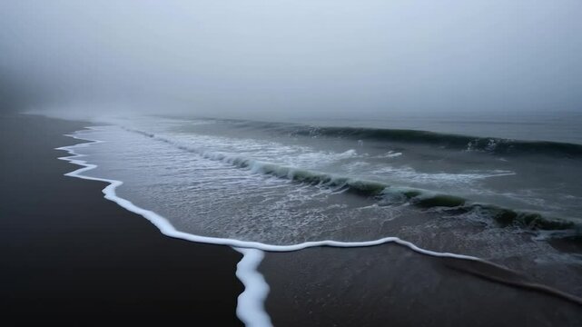 White waves gently lapping on a dark beach on a foggy day. The scene is moody and atmospheric, with a muted color palette of grays and dark browns. The focus is on the texture of the waves and the