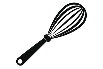 A black metallic whisk presents itself on a white backdrop, looking minimal and modern