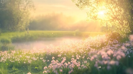 Fototapeta premium Peaceful, tranquil landscape at sunrise over a meadow.