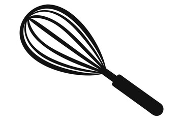 A black and white whisk is positioned diagonally on a plain background ready for use