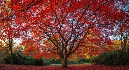 Fototapeta premium Autumn trees with vibrant red leaves in a peaceful park, showcasing the beauty of fall foliage and a calm seasonal atmosphere.