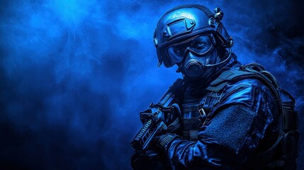 Elite operative in tactical gear,  prepared for action.  Deep blue smoke fills the background