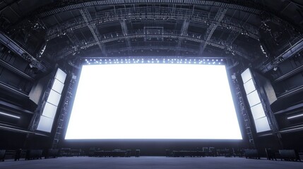 Concert stage with giant curved white blank screen, immersive lighting effects background wallpaper AI generated image