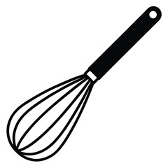 A black wire whisk with a handle is placed on a white background