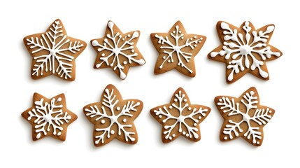Eight star-shaped gingerbread cookies decorated with white icing snowflakes