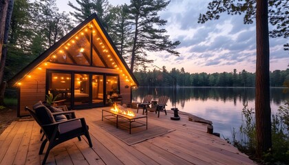 Lakeside A-frame cabin with deck, fire pit, and sunset views