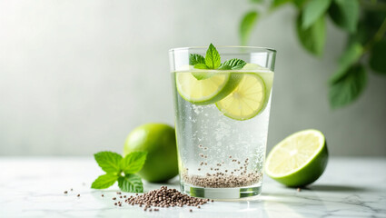 Fototapeta premium Clear glass of detox water with chia seeds and lime slices, condensation on surface, fresh mint leaves, healthy refreshing drink on white marble with minimal spa vibe