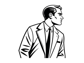 Profile silhouette of a man, thoughtful and attentive.  people looking upward, conveying contemplation. likely in a business suit, looking upward. silhouette, man, male, business, suit, looking up, in