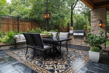 Obraz premium Outdoor patio dining area with grill, lush greenery