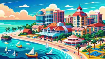  Very beautiful Florida Beaches. Panorama of Clearwater Beach FL. Summer vacations. Beautiful View on Hotels and Resorts on Island. Turquoise color of Ocean water. American Coast or shore Gulf of Mexi