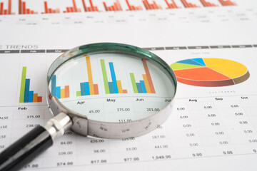 Obraz premium Magnifying glass on spreadsheet and graph paper. Financial data economy, Business.
