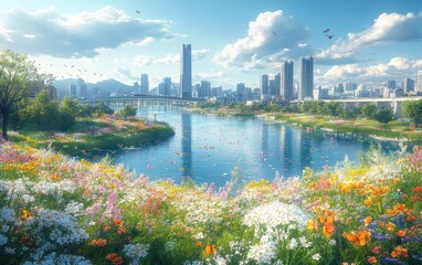 Obraz premium City park spring flowers sunny day river