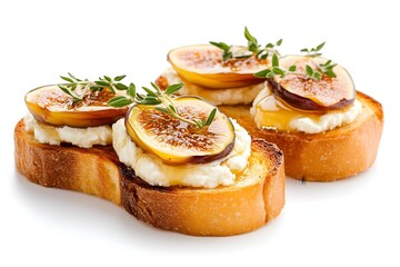 Toasted bread topped with creamy cheese, fig slices, and honey drizzle, garnished with fresh thyme (1)