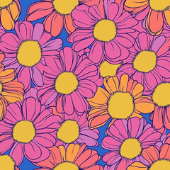 Groovy psychedelic pattern in y2k style. Repeating pink flowers background in trendy retro 2000s design. Cute vector illustration in pastel colors.