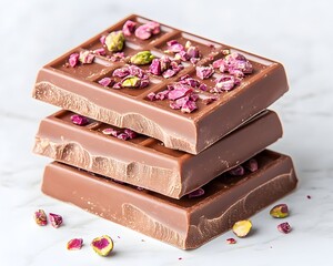 Three milk chocolate bars, topped with chopped pistachios and rose petals, stacked on a marble surface