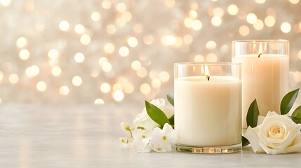 Two ivory candles, in glass holders, sit amidst white roses and jasmine, before a shimmering, out-of-focus background