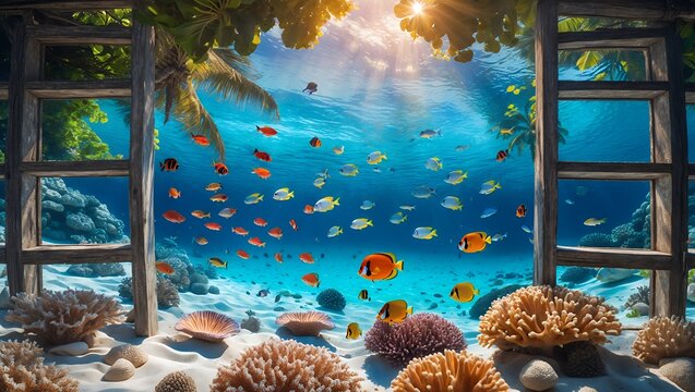 Fototapeta Tropical fish swim in blue ocean seen through open window