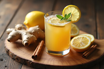 Fototapeta premium Realistic Stock Photo Of Ginger Cinnamon Tonic In Transparent Glass, Surrounded By Fresh Ingredients, Placed On Vintage Wooden Surface With Clean Aesthetic And Wellness Vibes
